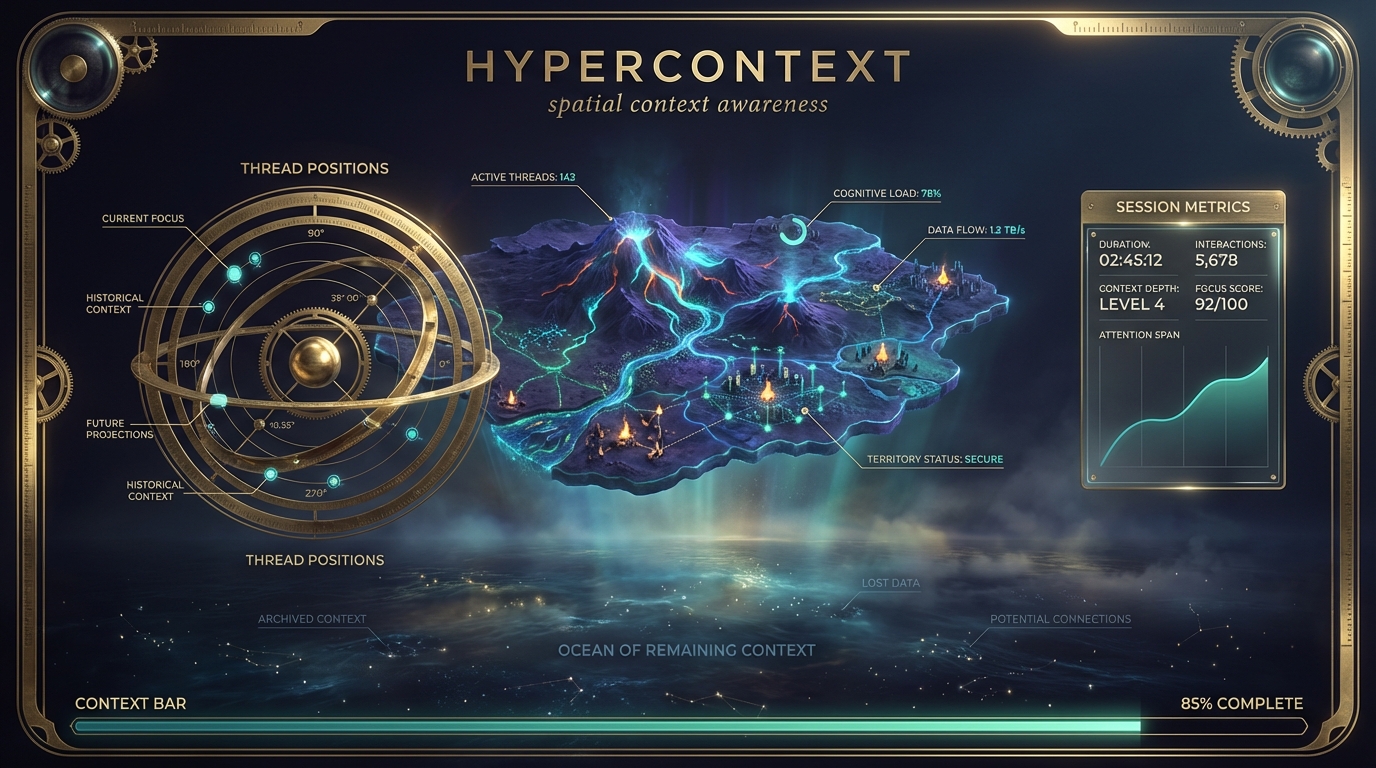 Hypercontext cinematic poster — floating cognitive territory island with orrery, session metrics, and ocean of remaining context